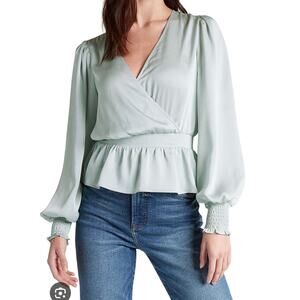 Express wrap peplum long puff sleeve silky satin top V neck feminine romantic M